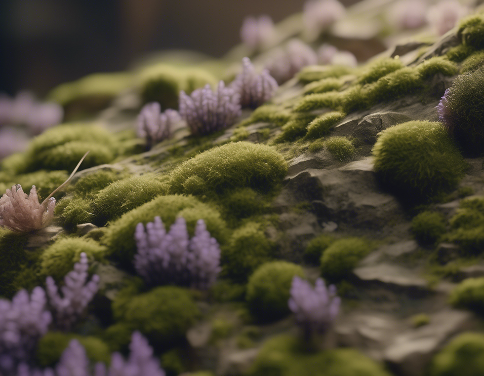 Close-up of mossy rocks with purple flowers