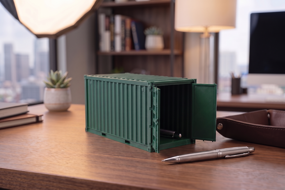 Thumbnail: FreightFlow shipping container desk organizer in industrial green with opening cargo doors.