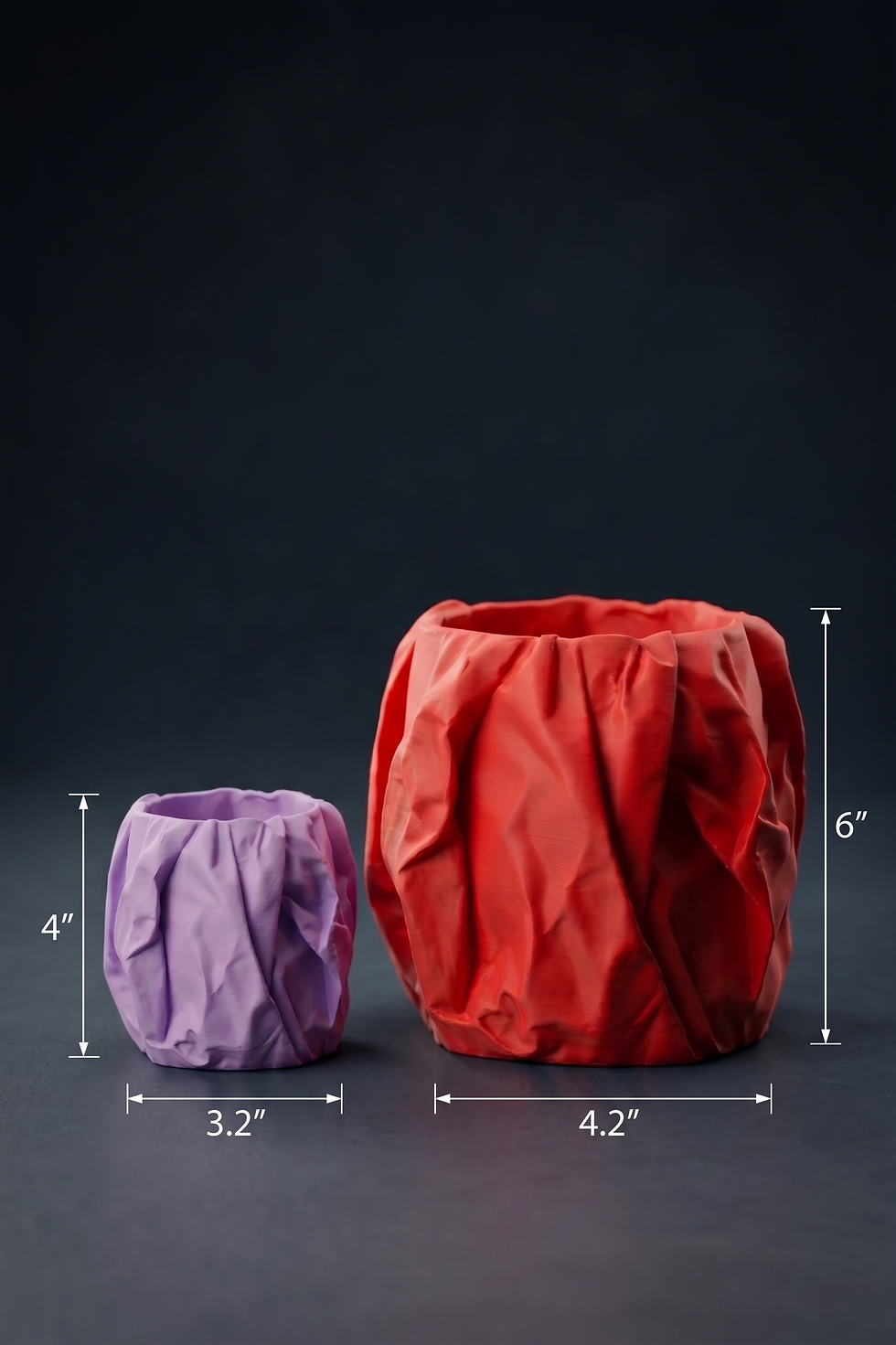 Thumbnail: Pleat Crumpled Paper Planter dimensions showing small and large sizes