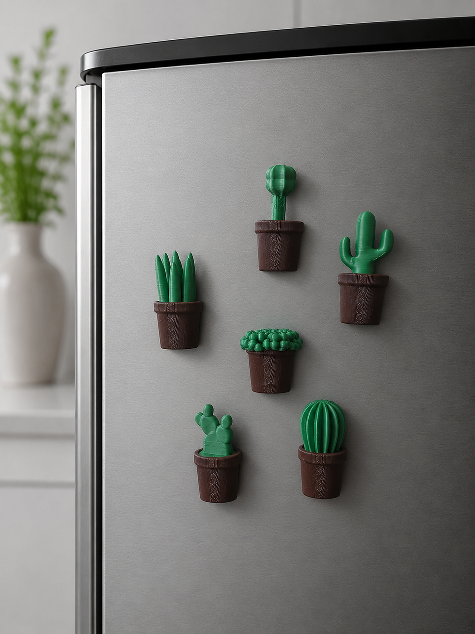 Dessert Dots cactus fridge magnets displayed on a refrigerator