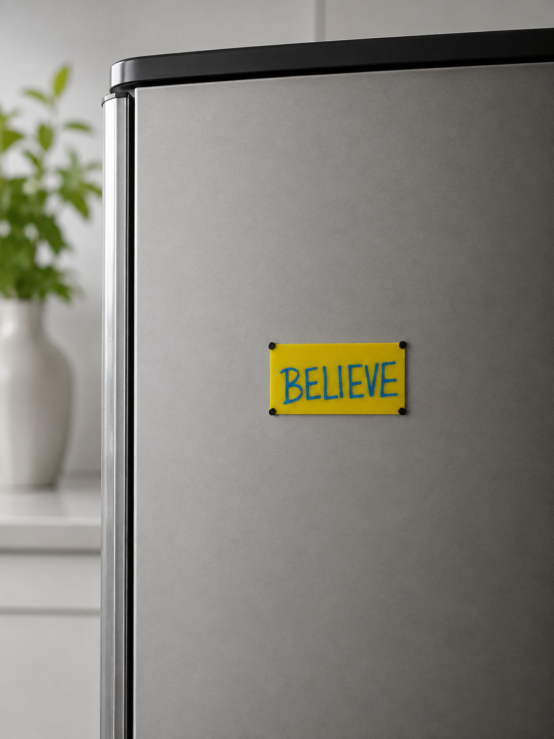 Believe yellow motivational fridge magnet with blue lettering displayed on a refrigerator