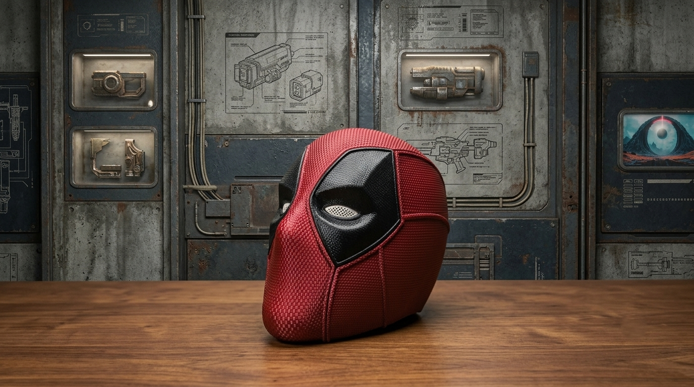 Scarlet Pool 3D printed mask displayed on a wooden table in a futuristic workshop setting