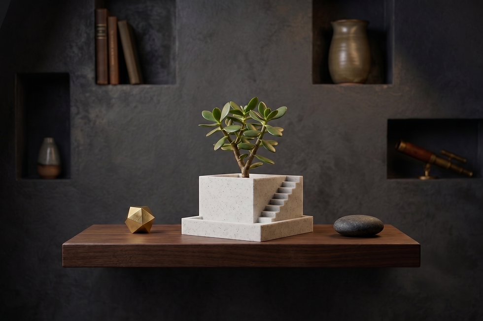 Architectural Staircase Planter styled on a wooden shelf