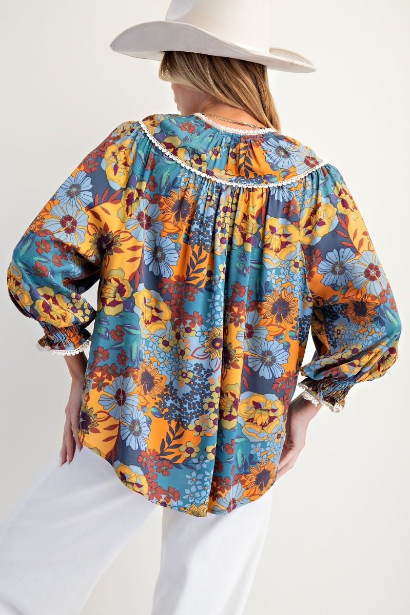 Thumbnail: EASEL Floral Printed Challis Top - Dusty Blue