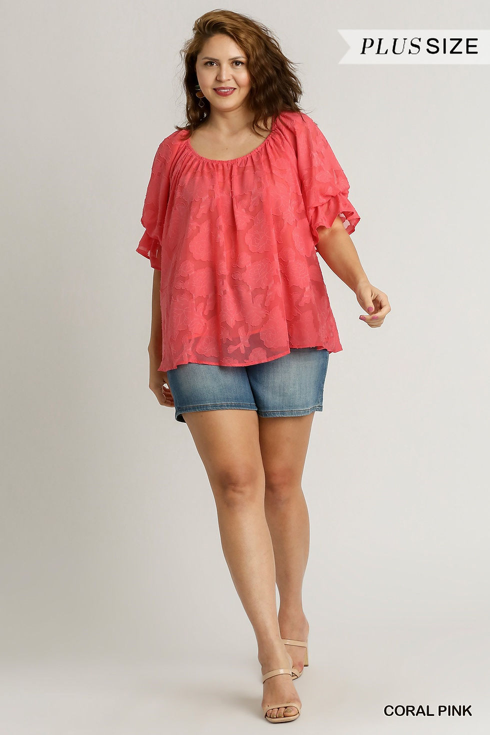 Thumbnail: UMGEE Jacquard Lace Round Neck Pleated Detail Bubble Sleeve Top