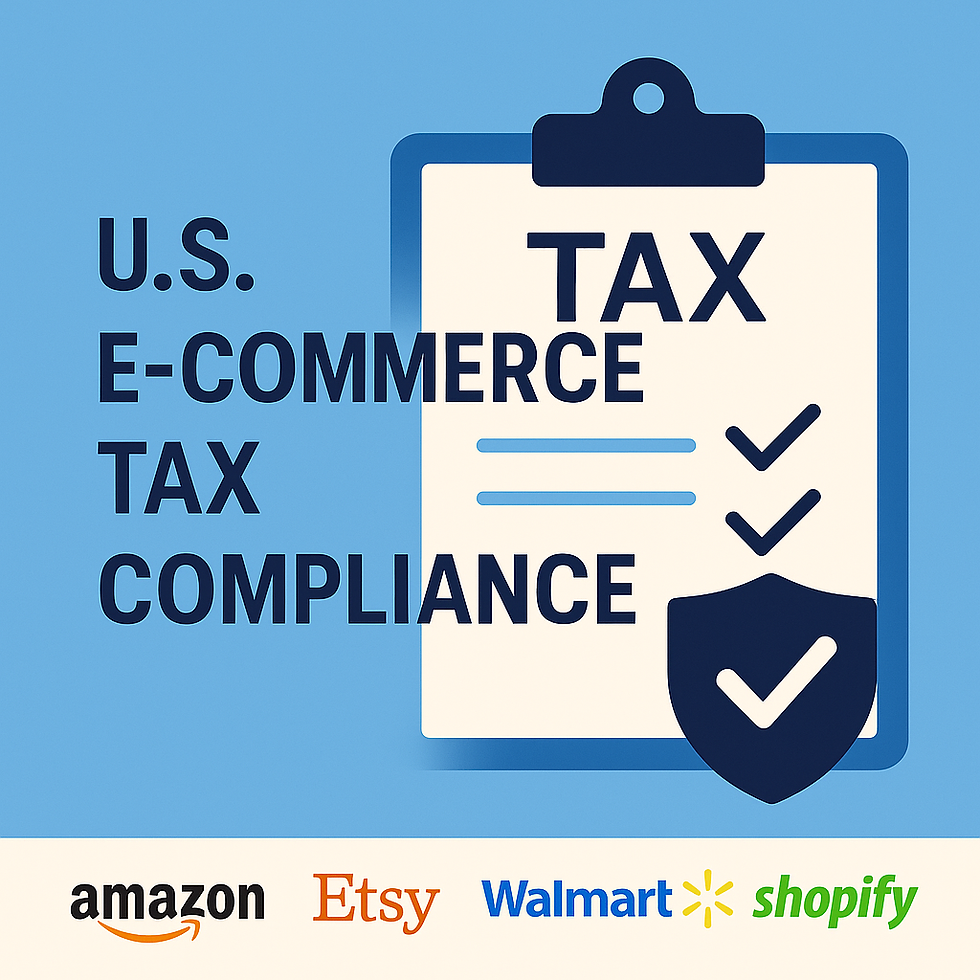 compliance checklist with platform logos of Amazon, Etsy, Walmart, and Shopify, symbolizing U.S. e-commerce tax compliance.