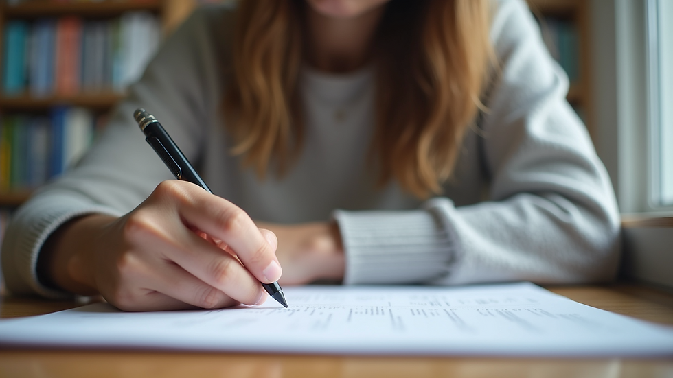 Eye-level view of a student organizing scholarship documents on a desk