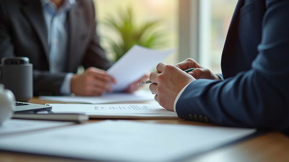 Close-up of a consultant reviewing export documents with a client