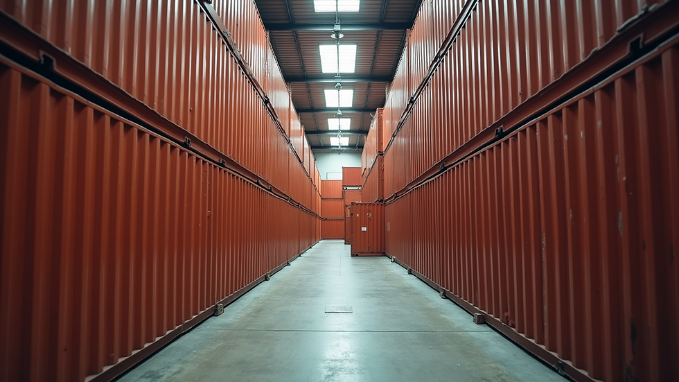 Eye-level view of a Moroccan export warehouse with stacked shipping containers