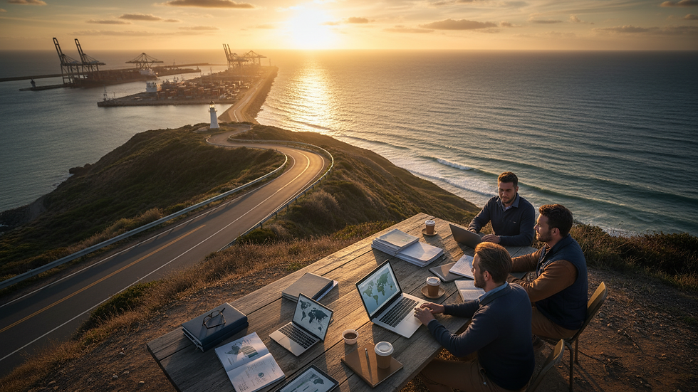 Vue en plongée d’une réunion d’équipe export avec documents et ordinateur