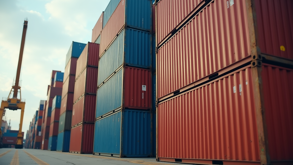 Close-up view of export shipping containers stacked at a port
