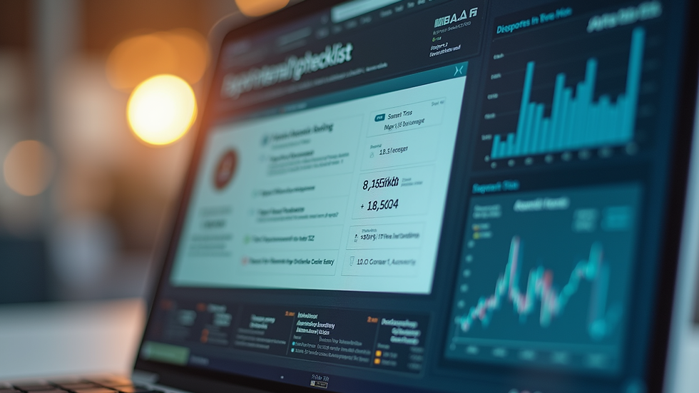 Close-up view of a laptop screen displaying export readiness checklist and market data