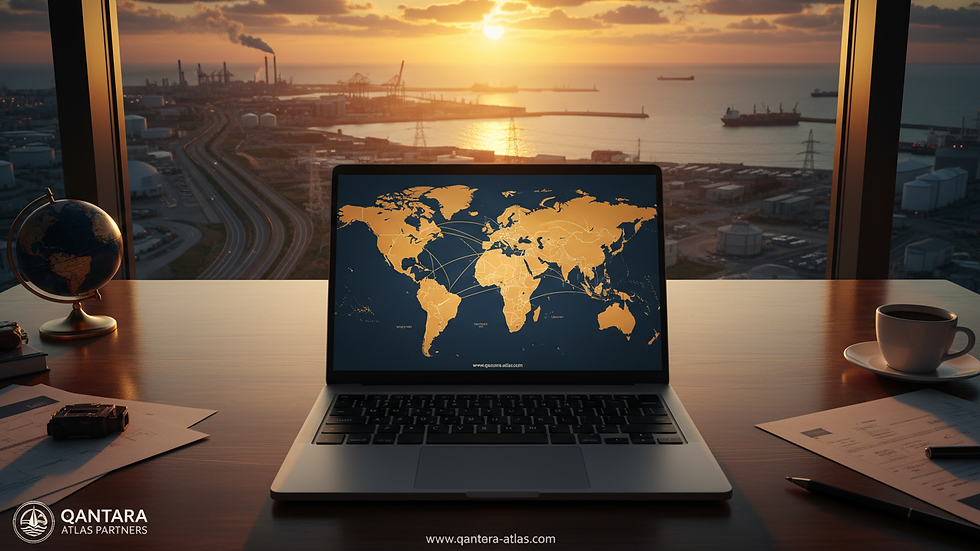 Vue en plongée d’un bureau avec un ordinateur affichant une carte des marchés internationaux