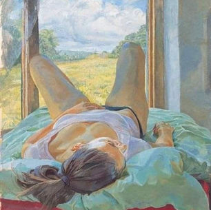 Peinture d'une femme allongée devant une fenêtre ouverte — liberté et intimité féminine