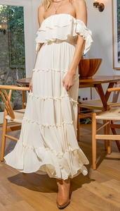 off shoulder tiered maxi dress
