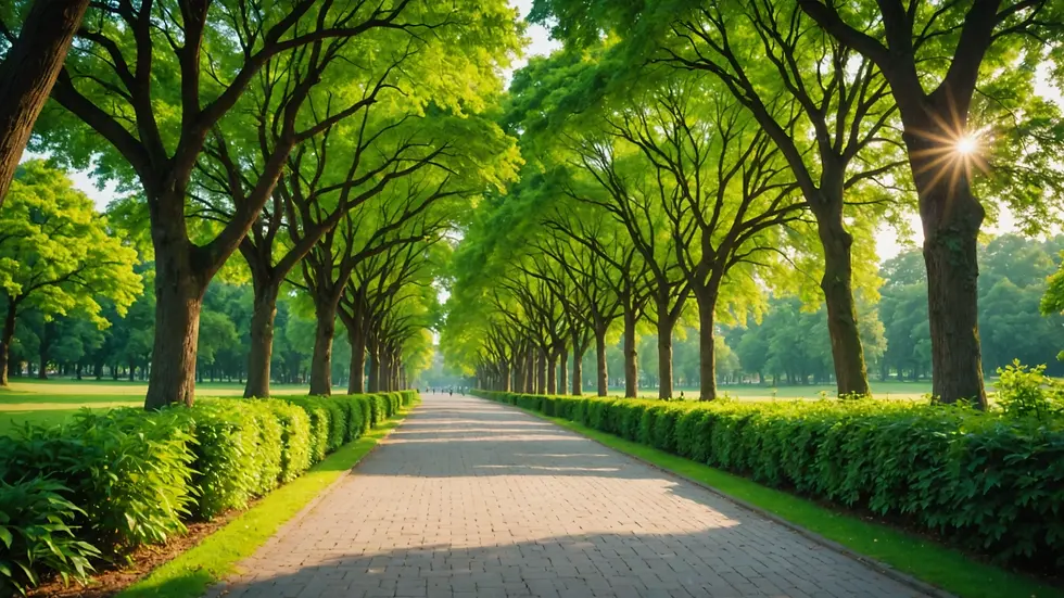 Eye-level view of a serene park path with lush green trees