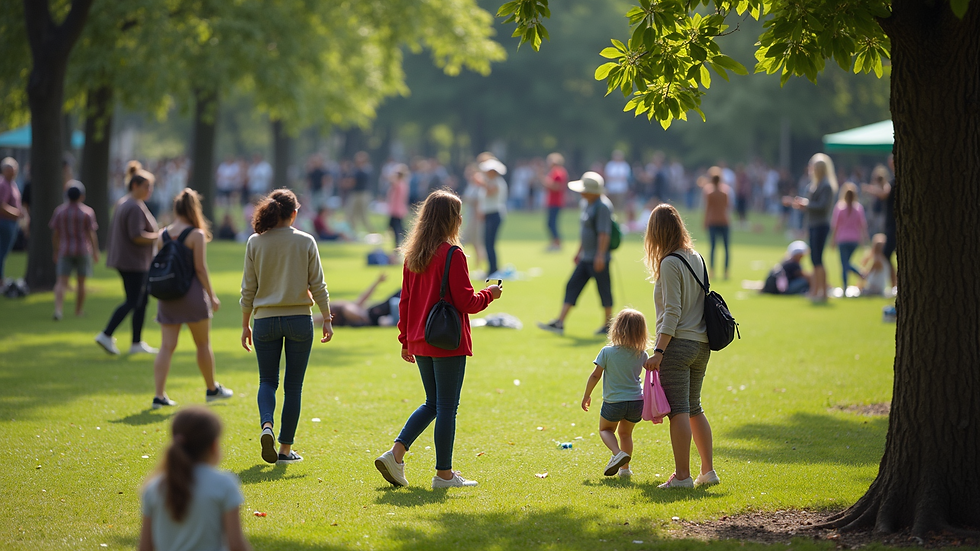 High angle view of a vibrant community park filled with diverse women engaging in various activities