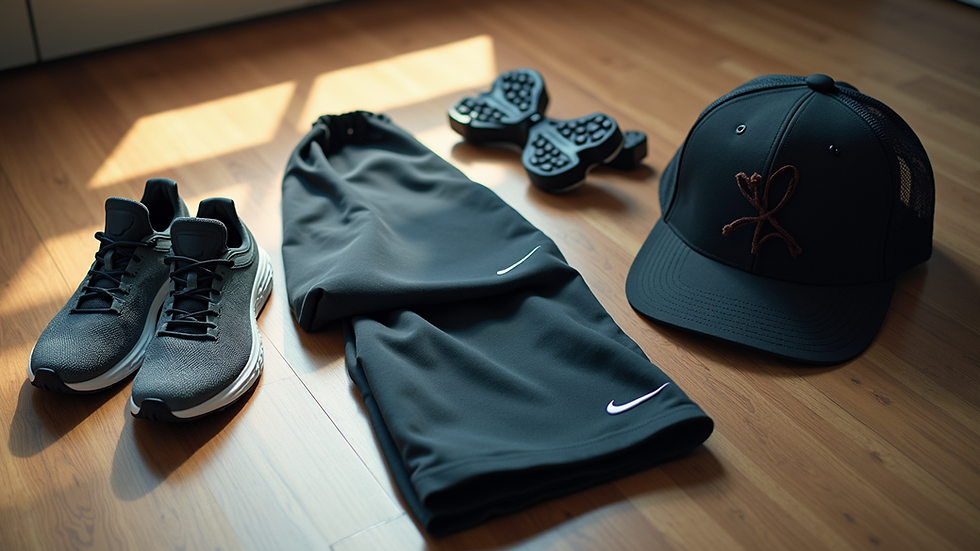 High angle view of workout gear laid out for exercise