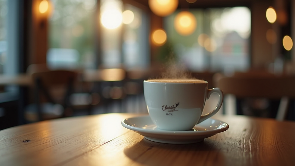 Close-up view of a branded coffee cup on a café table