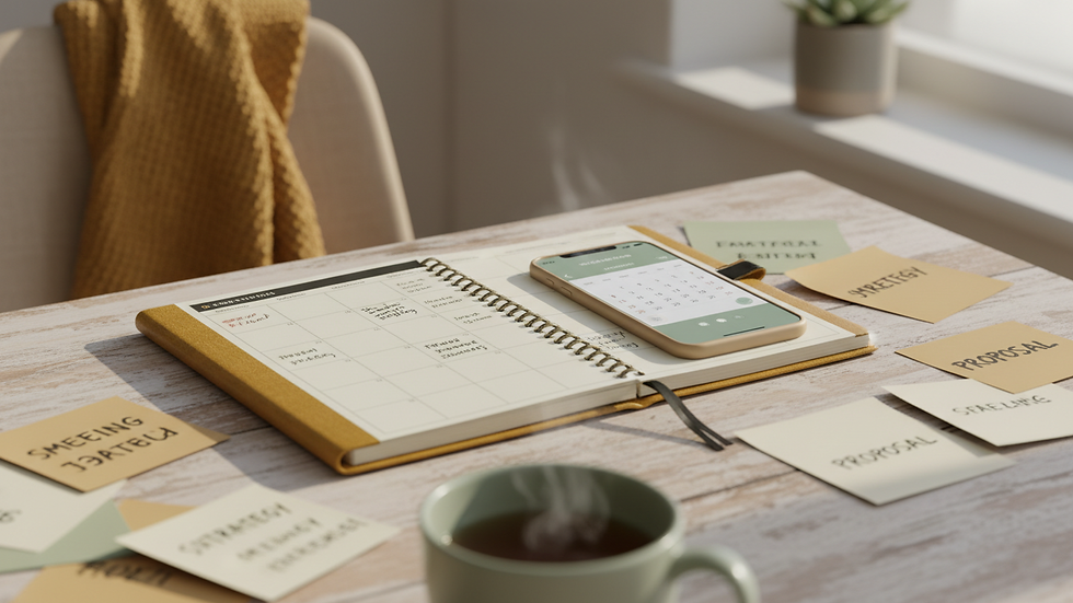 Close-up view of a planner and smartphone on a desk with business notes