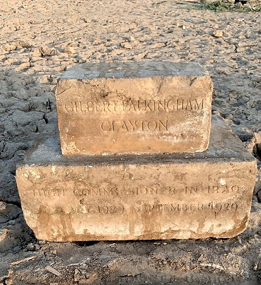 The remains of the headstone for Brig-Gen Sir Gilbert Clayton KCMG KBE CB at the Ma'Asker Al Raschid cemetery Baghdad