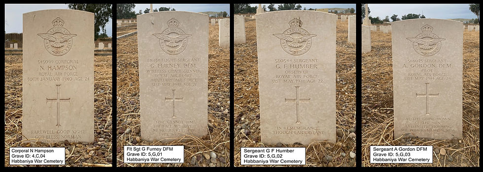 Four 84 Squadron headstones at the Habbaniya War Cemetery, Iraq