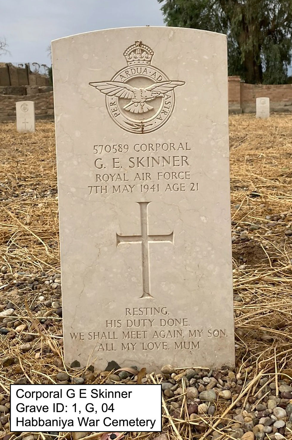 Headstone of Corporal George Skinner, Aircraft Depot RAF Habbaniya, 7th May 1941