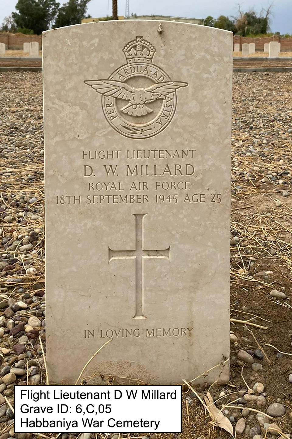Headstone for Flt Lt D Millard at the Habbaniya War Cemetery, Iraq