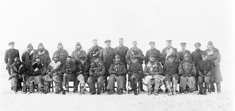 December 1917 - 6 Squadron aircrew with Major Archibald James and Army staff officers being educated in the duties of an Army Cooperation squadron