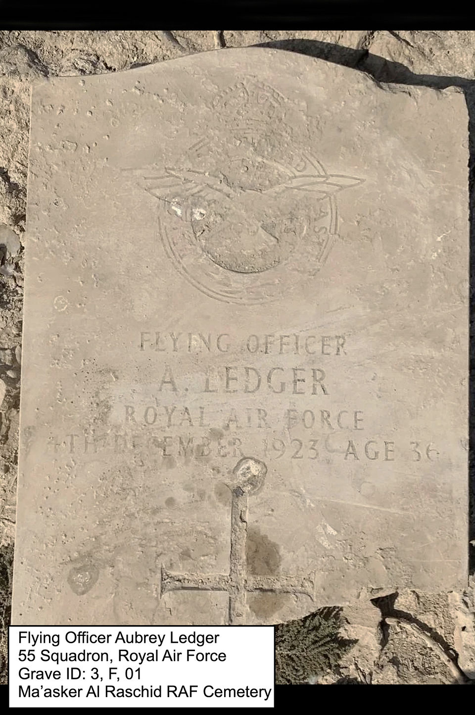 One of 9 surviving headstones for 55 Squadron  men who were buried at Ma'Asker Al Raschid RAF Cemtry
