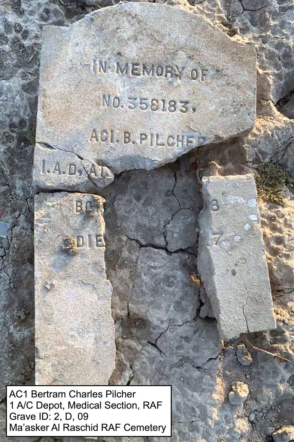 Surviving Headstone for AC1 Bertram Pilcher at Ma'Asker Al Raschid RAF Cemetery, Baghdad