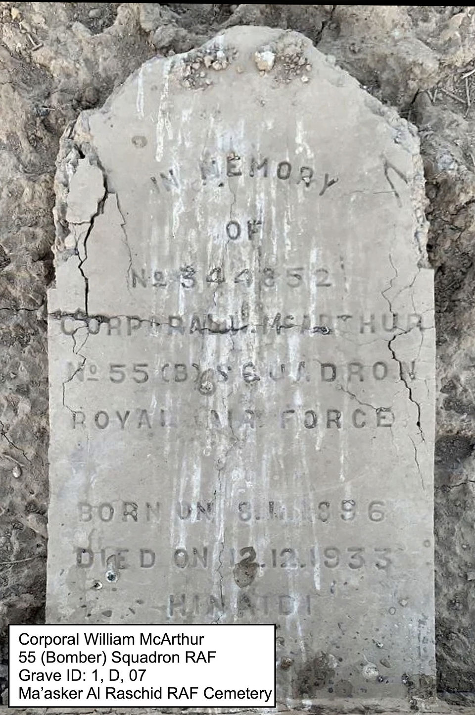One of 9 surviving headstones for 55 Squadron  men who were buried at Ma'Asker Al Raschid RAF Cemtry