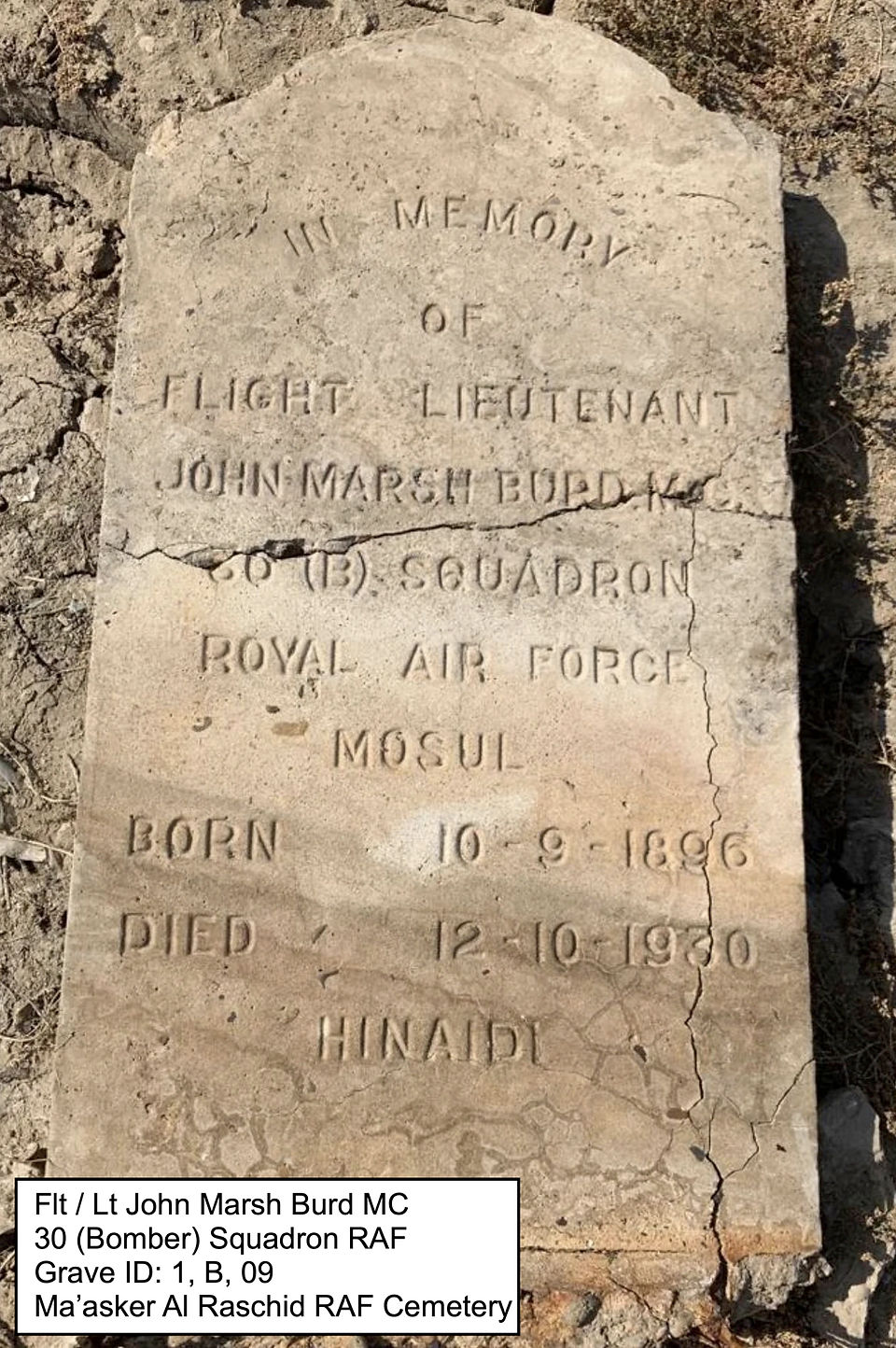 Headstone for Flt Lt John Burd MC at the Ma'Asker Al Raschid RAF Cemetery, Iraq