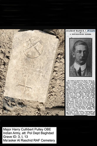 Headstone for Major Harry Pulley OBE at the Ma'Asker Al Raschid RAF Cemetery, Baghdad