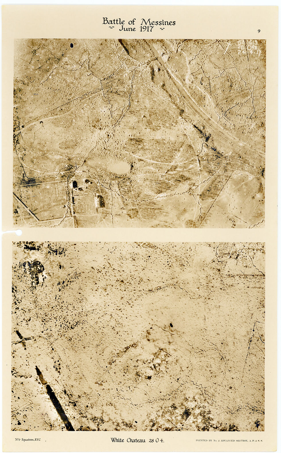 Aerial photos of the White Chateau near Palinbeek, taken by a 6 Squadron RE8 before and after the pre bombardment of the Battle of Messines, 1917