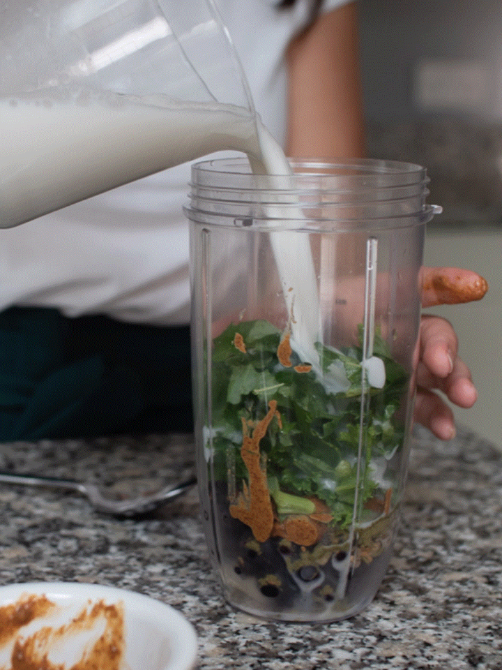 GIF of Smoothie ingredients being poured during kitchen brand shoot for nutritionist.