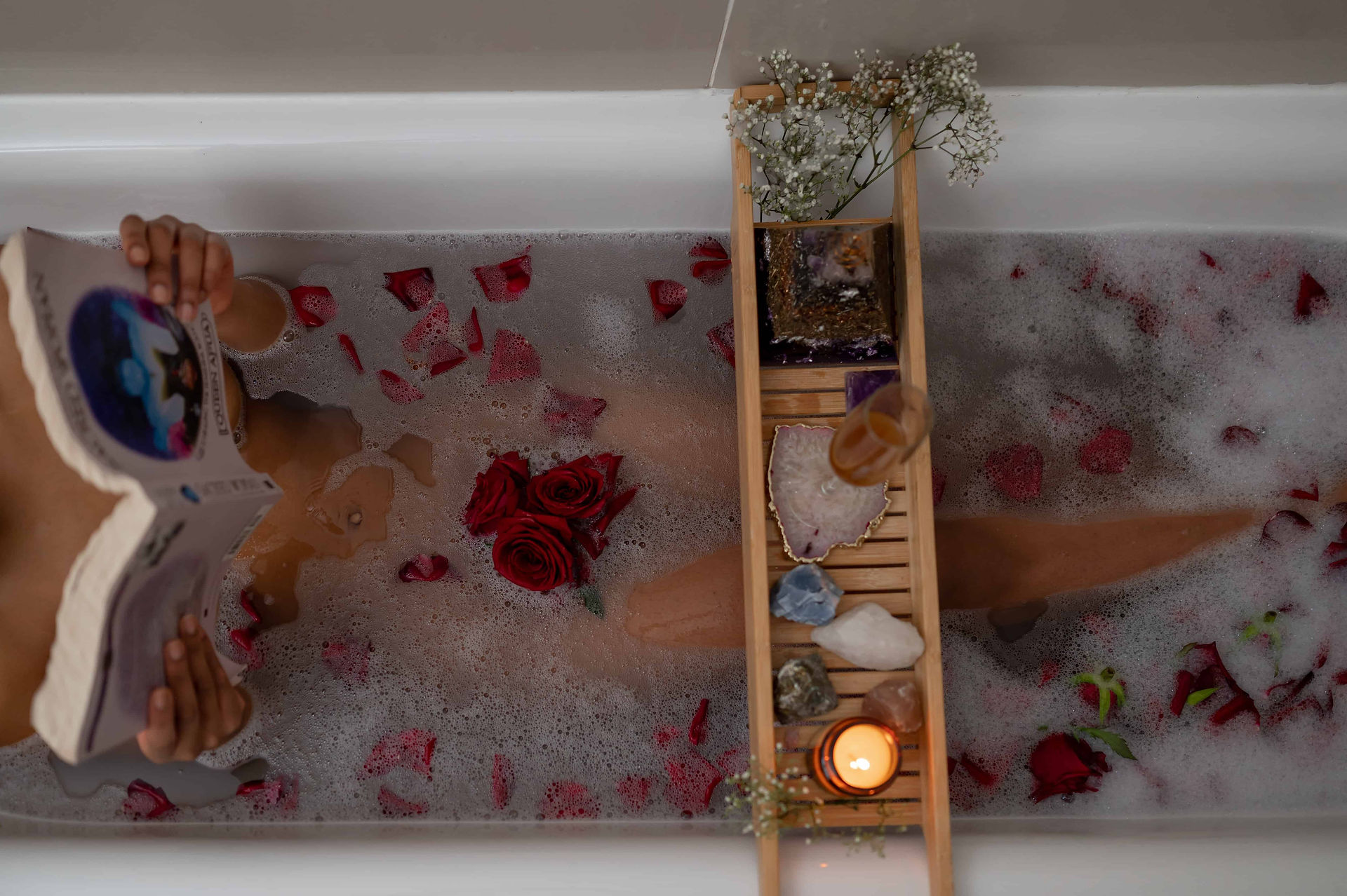 Bathtub scene with vegan herbalist during Liverpool branding photoshoot.