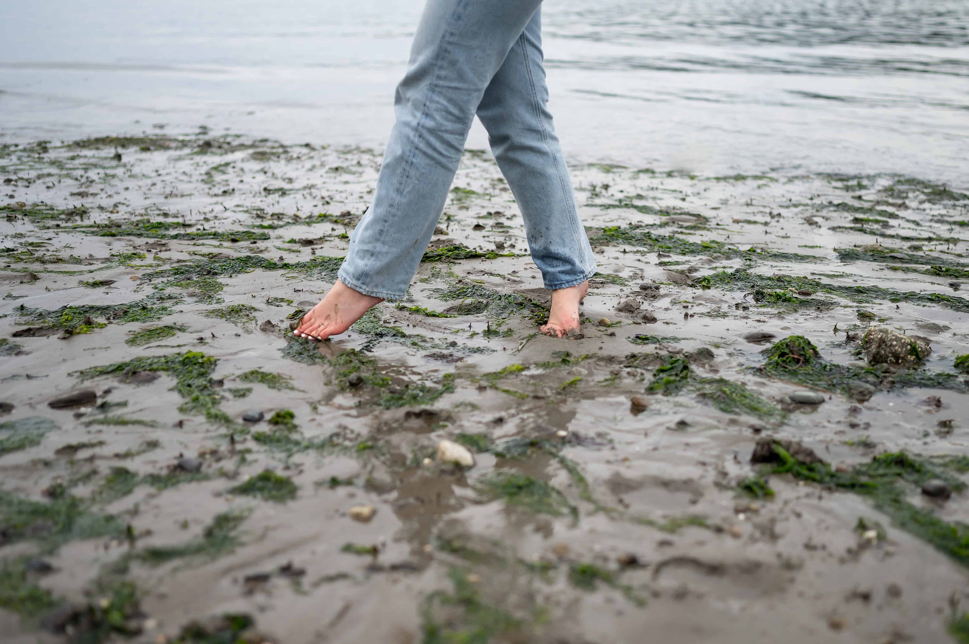 A person in blue jeans walks barefoot on a muddy, seaweed-covered beach near the water's edge, perfect for capturing authentic Seattle brand photography
