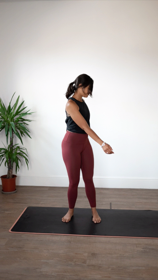 A person stands on a yoga mat indoors, performing a rotation stretch with arms extended and torso twisting to one side. A potted plant is in the background, adding a touch of nature—perfect for a wild kind photography shoot.