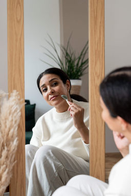 Woman sat in front of mirror using jade roller.