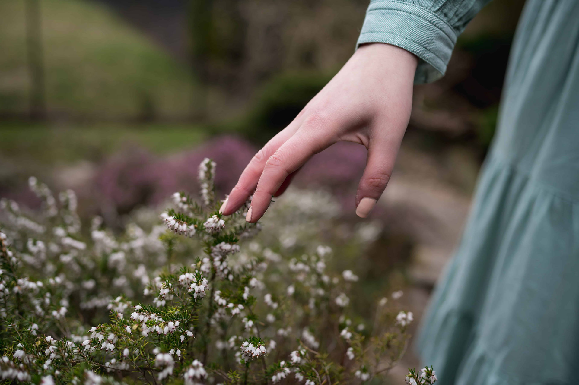 Woman touching plants in Manchester park.