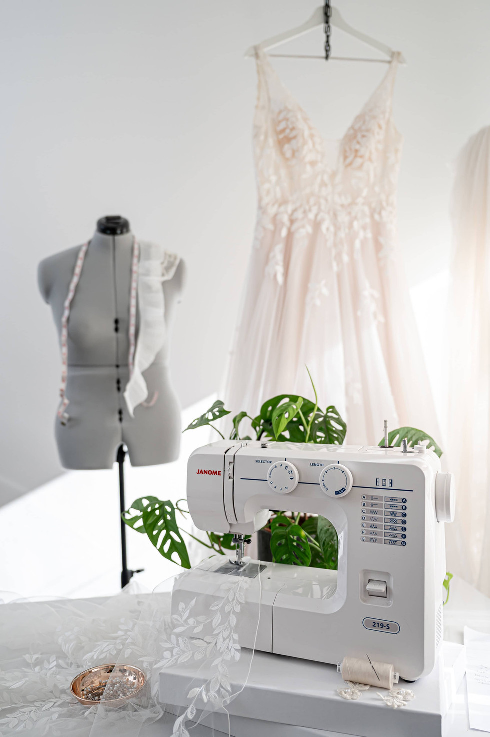 Sewing machine and mannequins styled for Redress Studio’s Liverpool alterations and veil designer photoshoot.