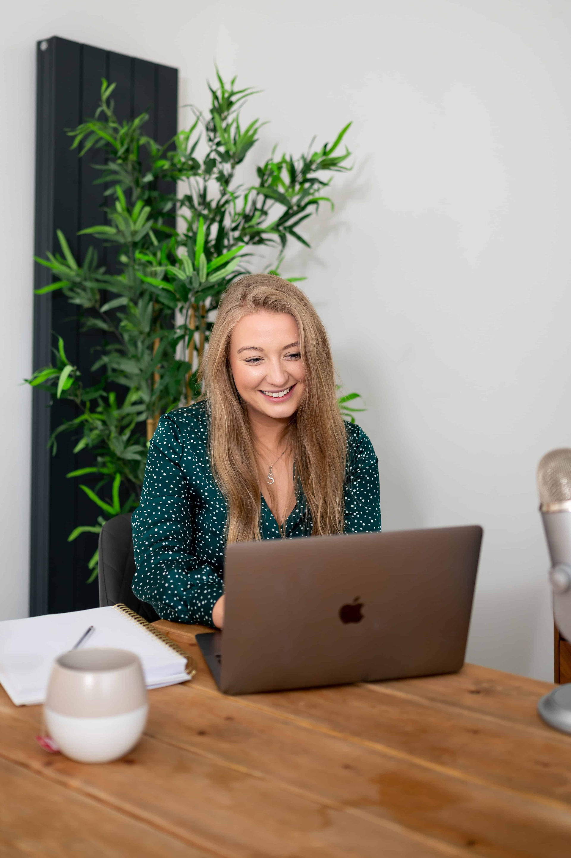 Woman blogging on computer at dining room table with tree behind her.