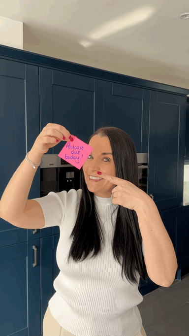 Woman dancing and holding pink post-it saying "podcast out today"