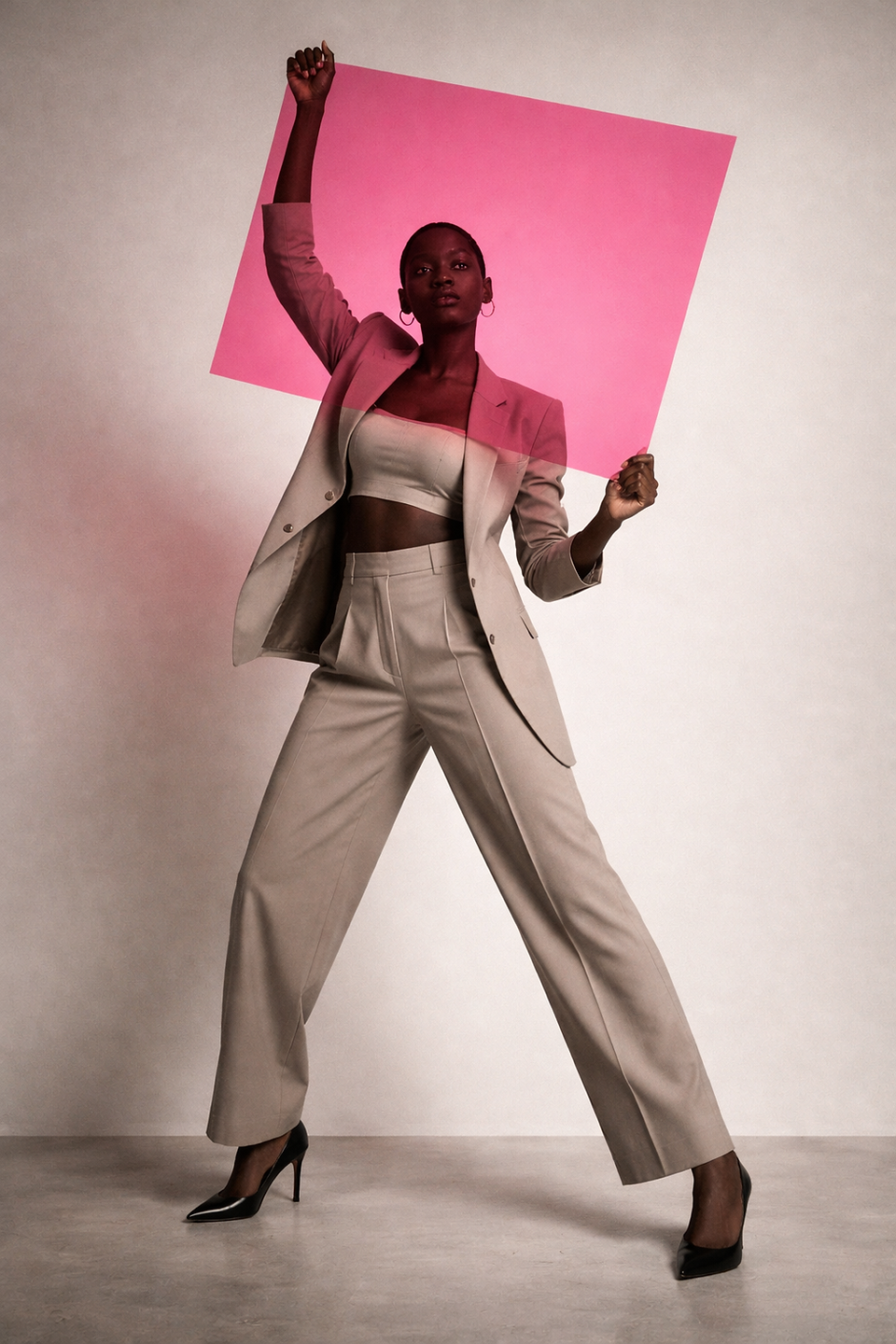 A confident woman in a tan suit poses against a soft pink backdrop, holding a large bright pink square poster above her head.