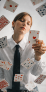 A woman dressed in a button-down shirt and tie reaches toward the camera while playing cards float mid-air around her.