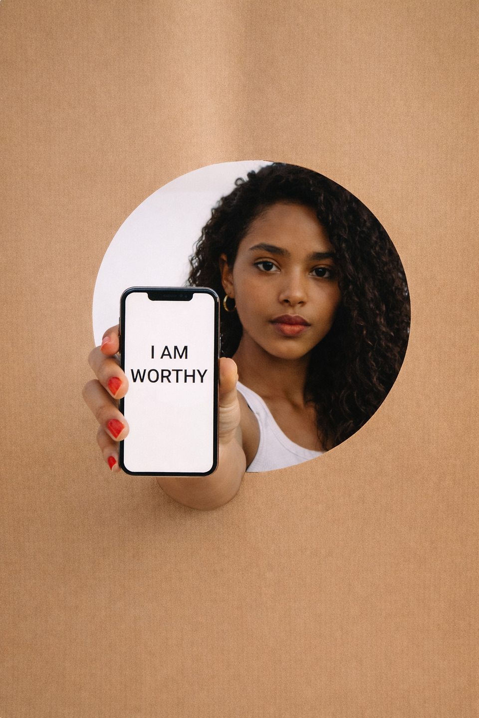 A woman holds a phone through a circular cutout in brown paper—on the phone screen are the words “I AM WORTHY.”