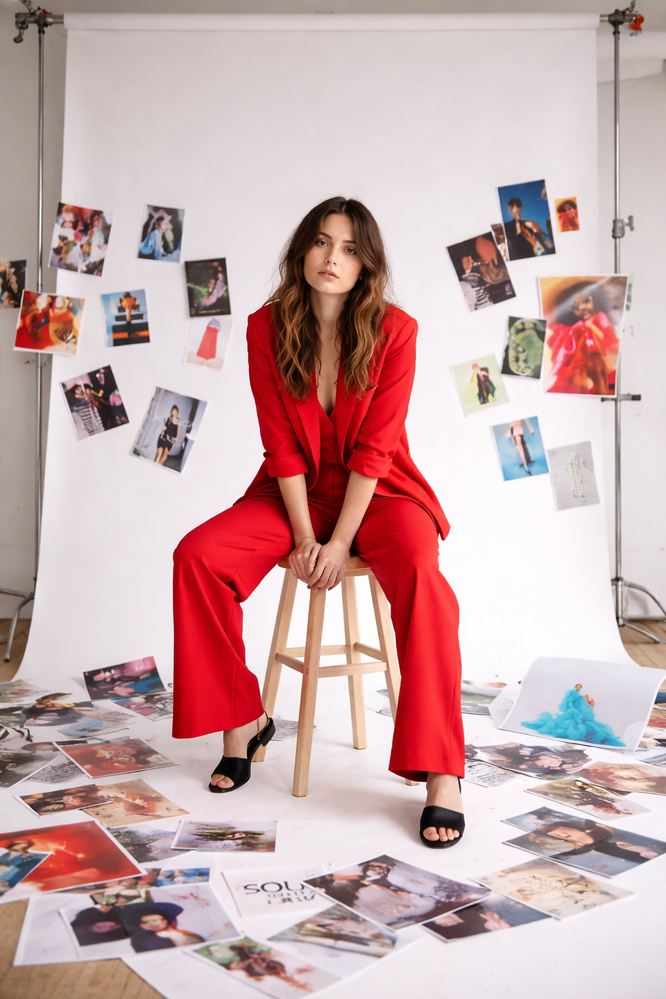 A woman in a red suit sits on a stool in front of a wall covered with printed images, evoking creative inspiration.