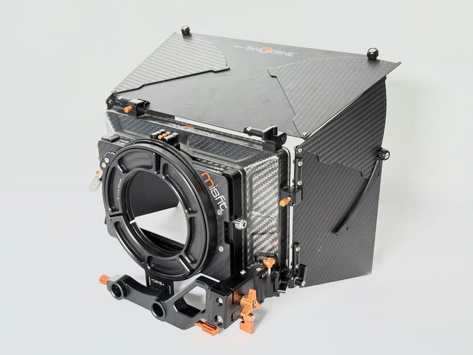 Bright Tangerine Misfit matte box with side and top flags and filter stages