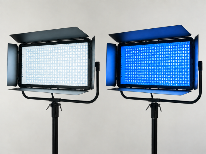 Illustrative composite of two Rotolight Titan X2 RGBWW lights, one white and one blue